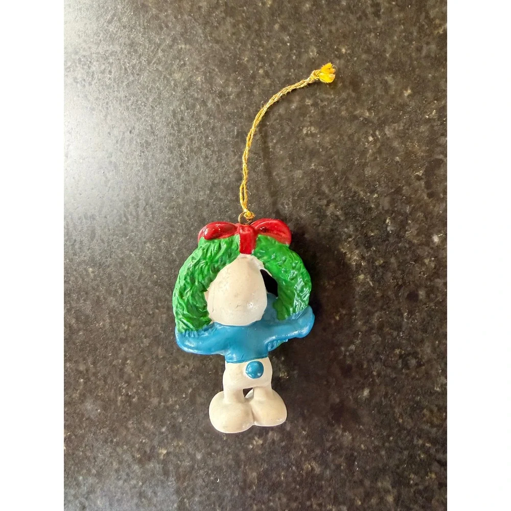 Lot 2 vintage Christmas ornament Smurf wreath gold cord Schleich Peyo